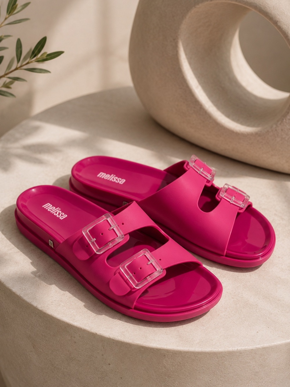 Melissa Wide Slide Sandals Dark Pink Clear Buckles 5